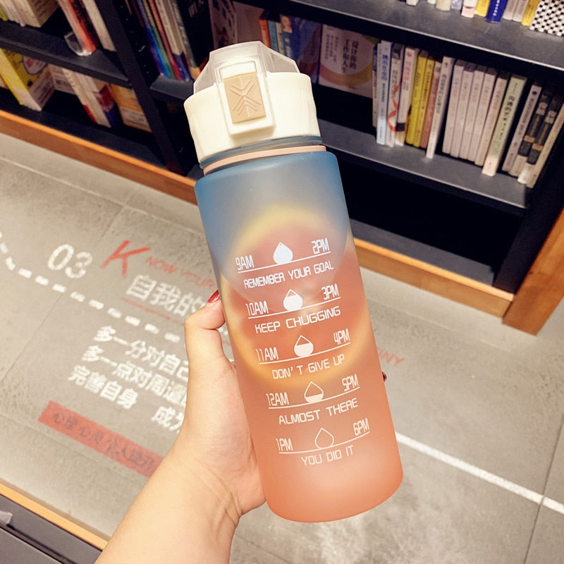 900ml Gradient Frosted Plastic Sports Water Bottle with Time Marker - BPA-Free Leakproof Drink Bottle