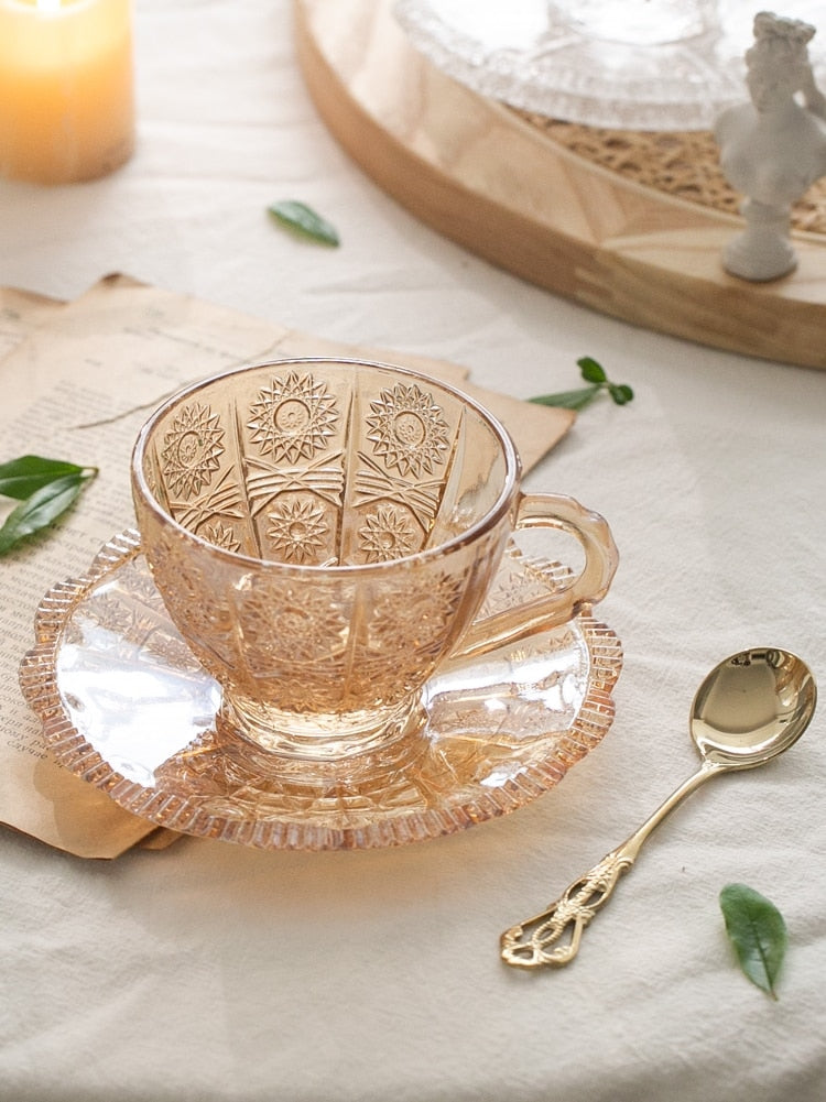 Vintage Embossed Flower Glass Cup and Saucer Set - European Style Clear Coffee & Tea Glassware