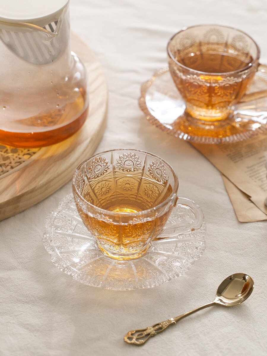 Vintage Embossed Flower Glass Cup and Saucer Set - European Style Clear Coffee & Tea Glassware
