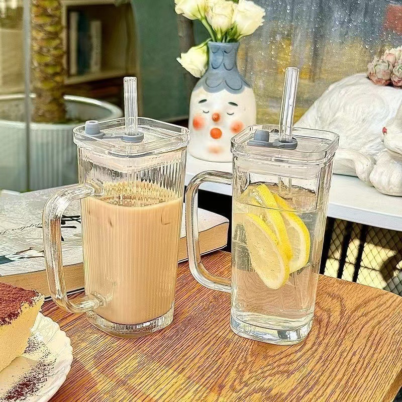 Square Vertical Striped Glass Cup with Handle and Straw, Transparent INS Style Drinkware, Summer Juice Cup Gift for Women