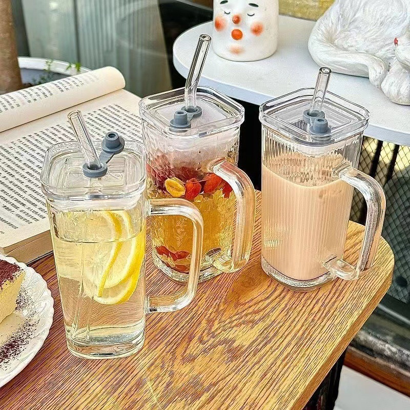 Square Vertical Striped Glass Cup with Handle and Straw, Transparent INS Style Drinkware, Summer Juice Cup Gift for Women