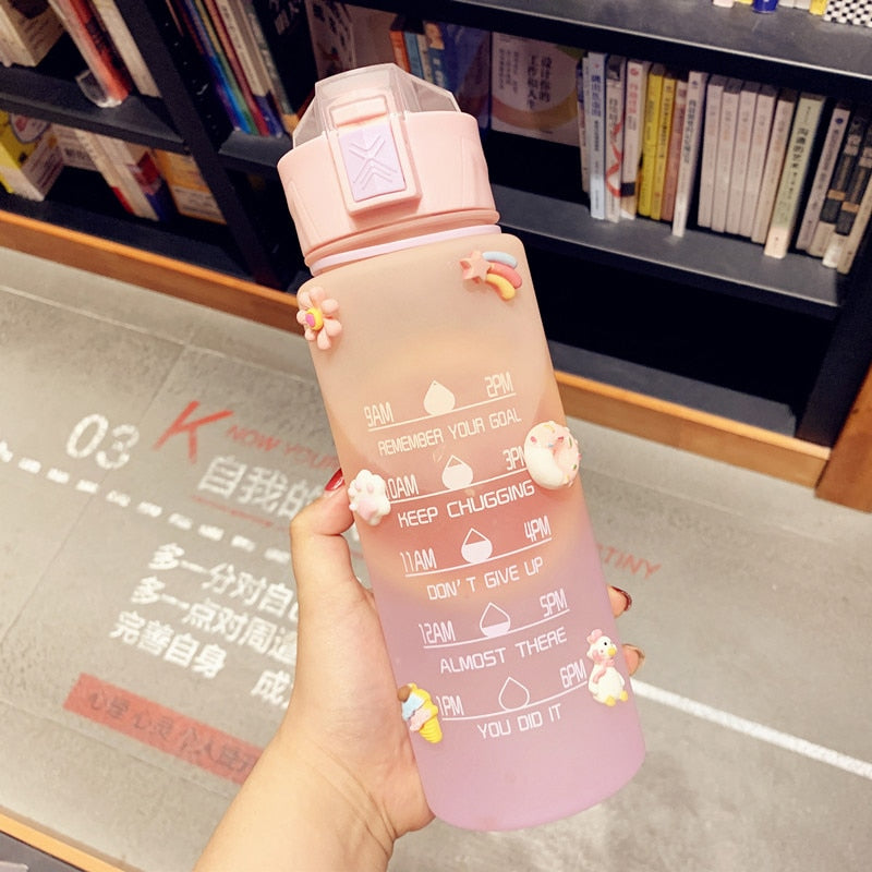 900ml Gradient Frosted Plastic Sports Water Bottle with Time Marker - BPA-Free Leakproof Drink Bottle