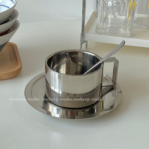 Retro Stainless Steel Coffee Cup and Saucer Set - 200ml Double-Walled Insulated Espresso Mug