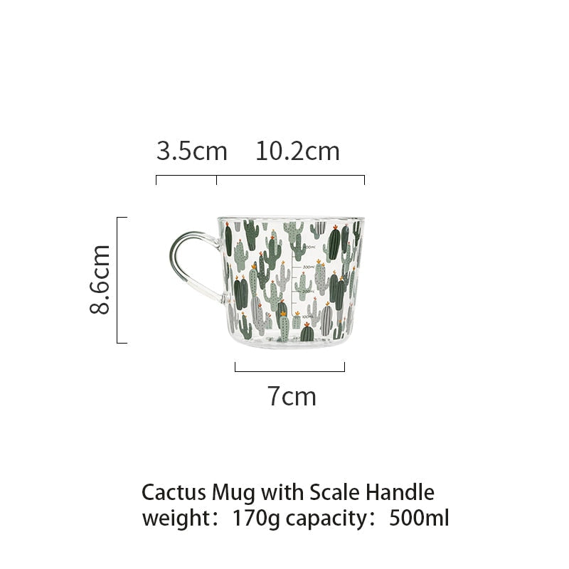 500ml Yellow Peach & Cactus Glass Mug with Scale - Creative Coffee & Milk Tumbler with Lid