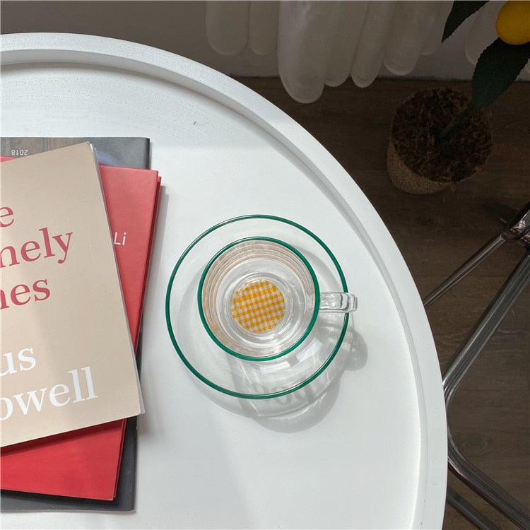 Yellow Checkerboard Stainless Steel Coffee Cup & Saucer Set - 200ml Retro Breakfast Milk Mug