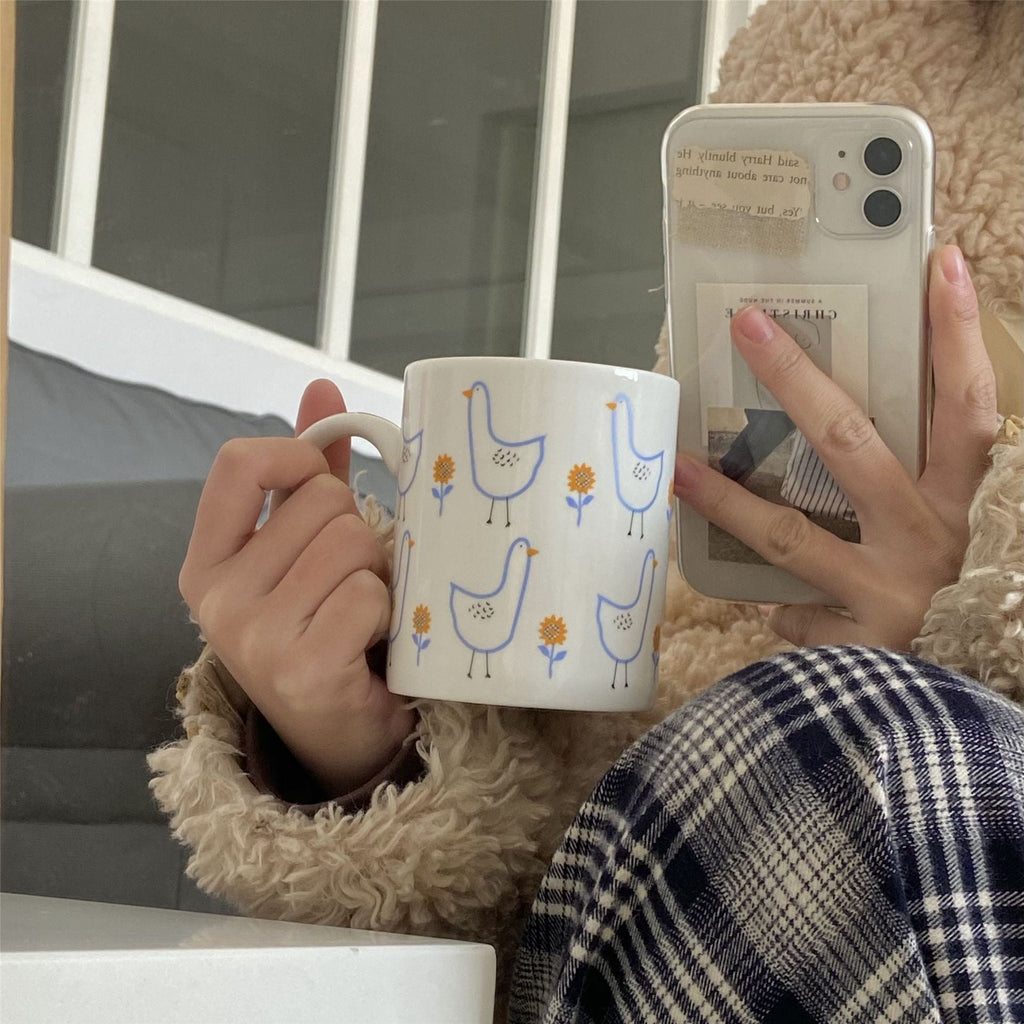 Retro Duck Print Ceramic Coffee Mug - 350ml Cream Blue Milk & Breakfast Cup for Couples