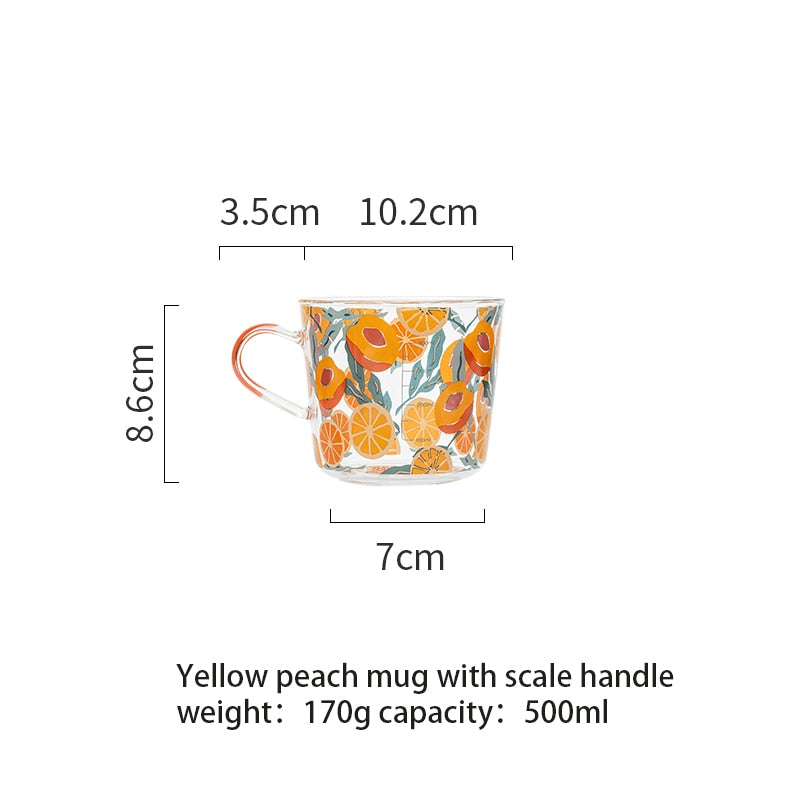 500ml Yellow Peach & Cactus Glass Mug with Scale - Creative Coffee & Milk Tumbler with Lid