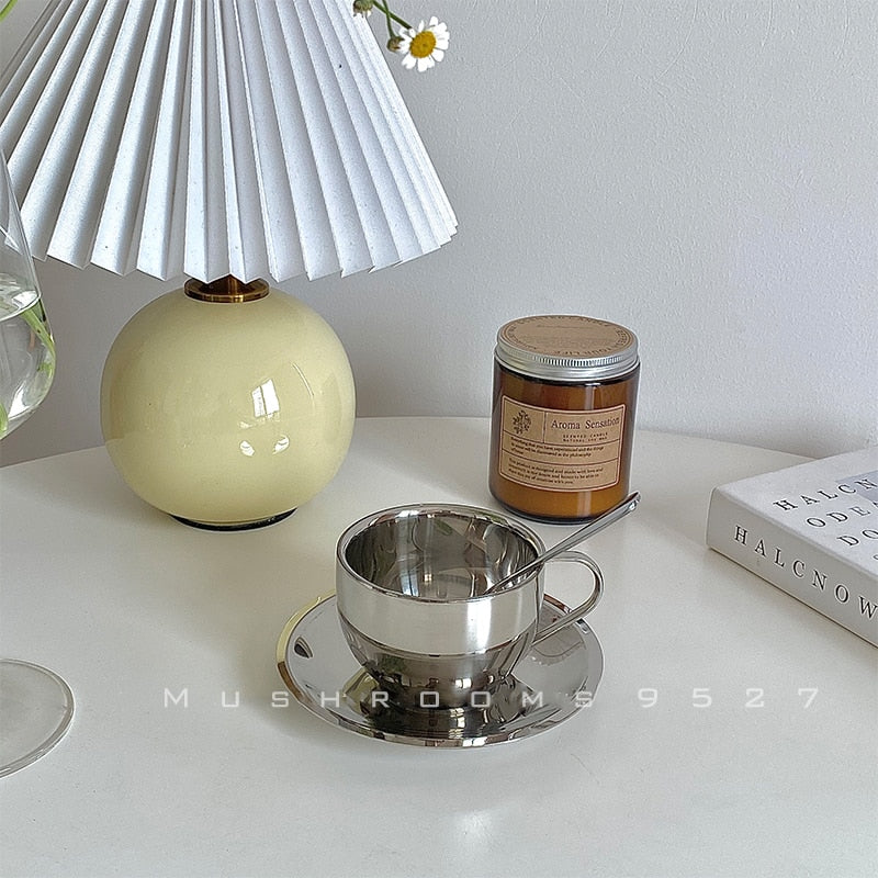 Retro Stainless Steel Coffee Cup and Saucer Set - 200ml Double-Walled Insulated Espresso Mug