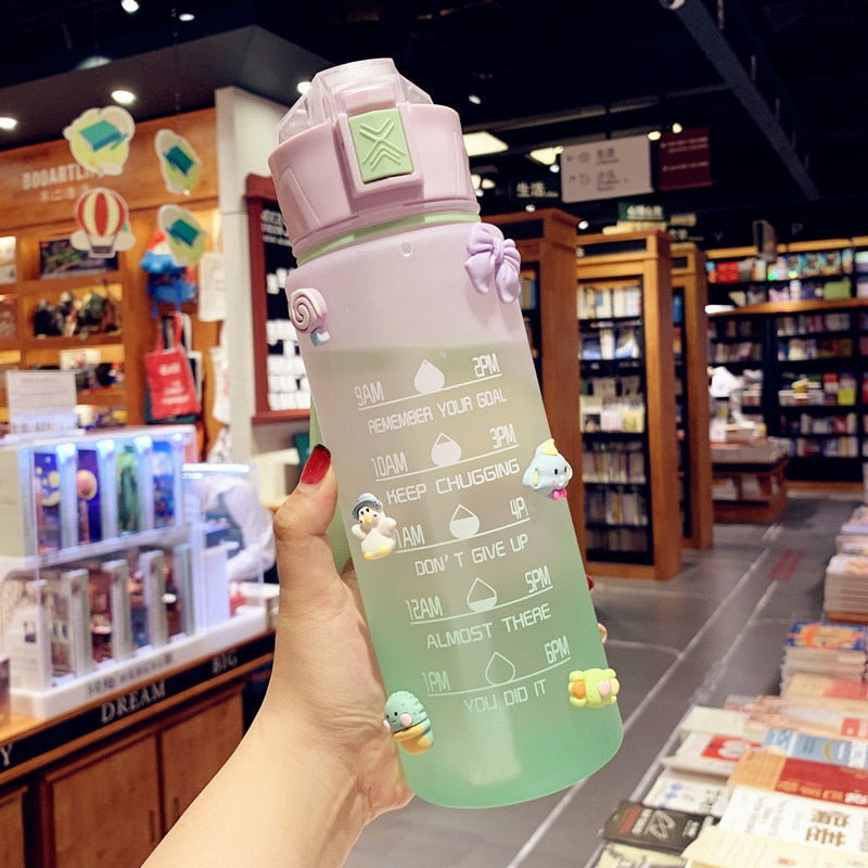 900ml Gradient Frosted Plastic Sports Water Bottle with Time Marker - BPA-Free Leakproof Drink Bottle