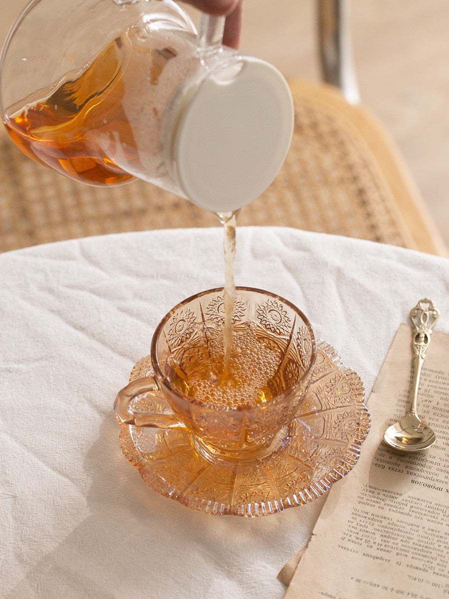 Vintage Embossed Flower Glass Cup and Saucer Set - European Style Clear Coffee & Tea Glassware
