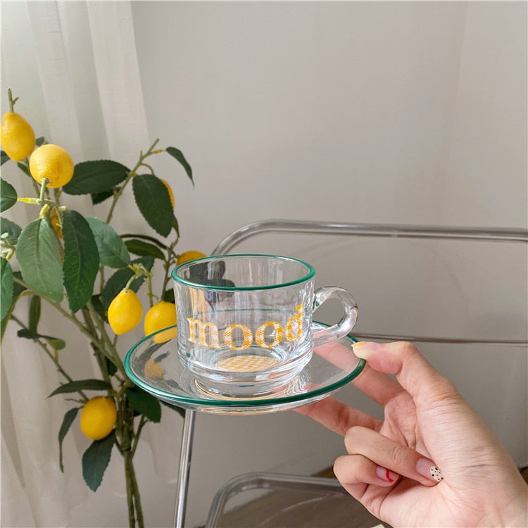 Yellow Checkerboard Stainless Steel Coffee Cup & Saucer Set - 200ml Retro Breakfast Milk Mug