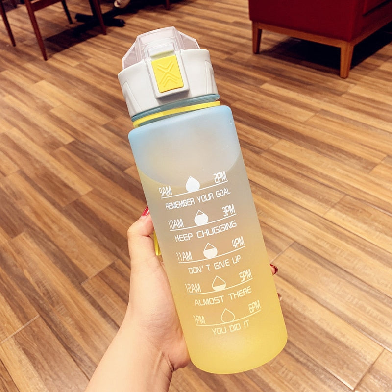 900ml Gradient Frosted Plastic Sports Water Bottle with Time Marker - BPA-Free Leakproof Drink Bottle