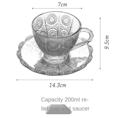 Vintage Embossed Flower Glass Cup and Saucer Set - European Style Clear Coffee & Tea Glassware