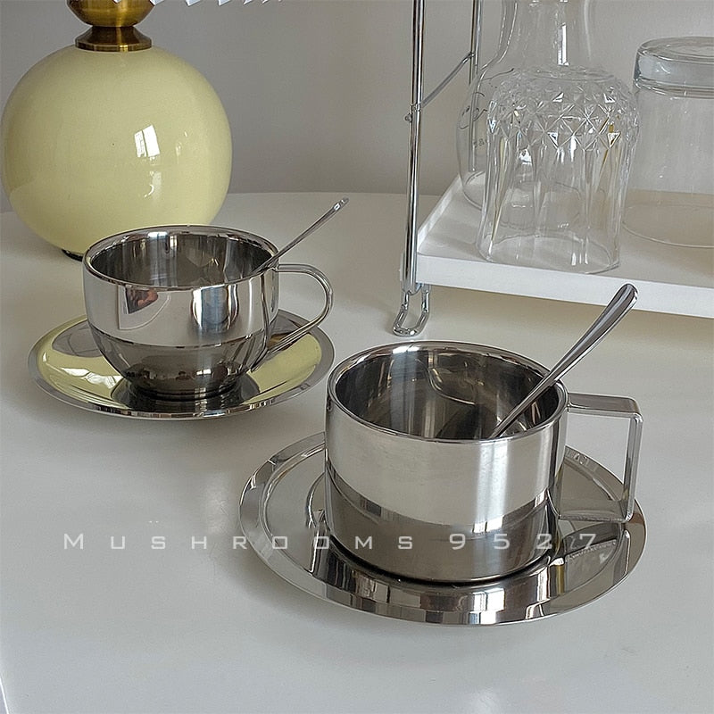 Retro Stainless Steel Coffee Cup and Saucer Set - 200ml Double-Walled Insulated Espresso Mug