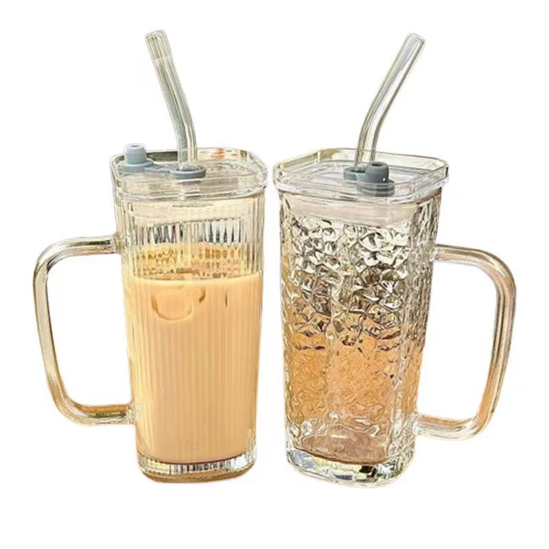 Square Vertical Striped Glass Cup with Handle and Straw, Transparent INS Style Drinkware, Summer Juice Cup Gift for Women