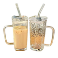 Square Vertical Striped Glass Cup with Handle and Straw, Transparent INS Style Drinkware, Summer Juice Cup Gift for Women