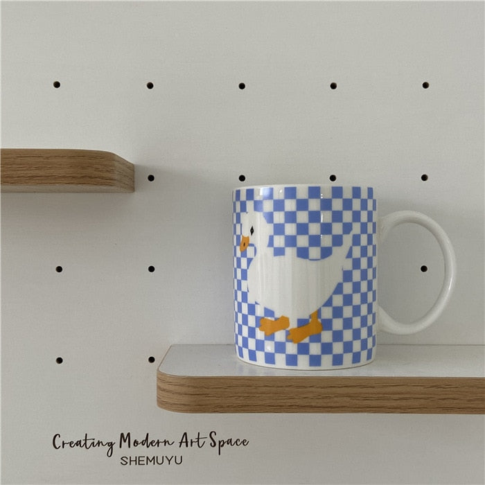 Retro Duck Print Ceramic Coffee Mug - 350ml Cream Blue Milk & Breakfast Cup for Couples