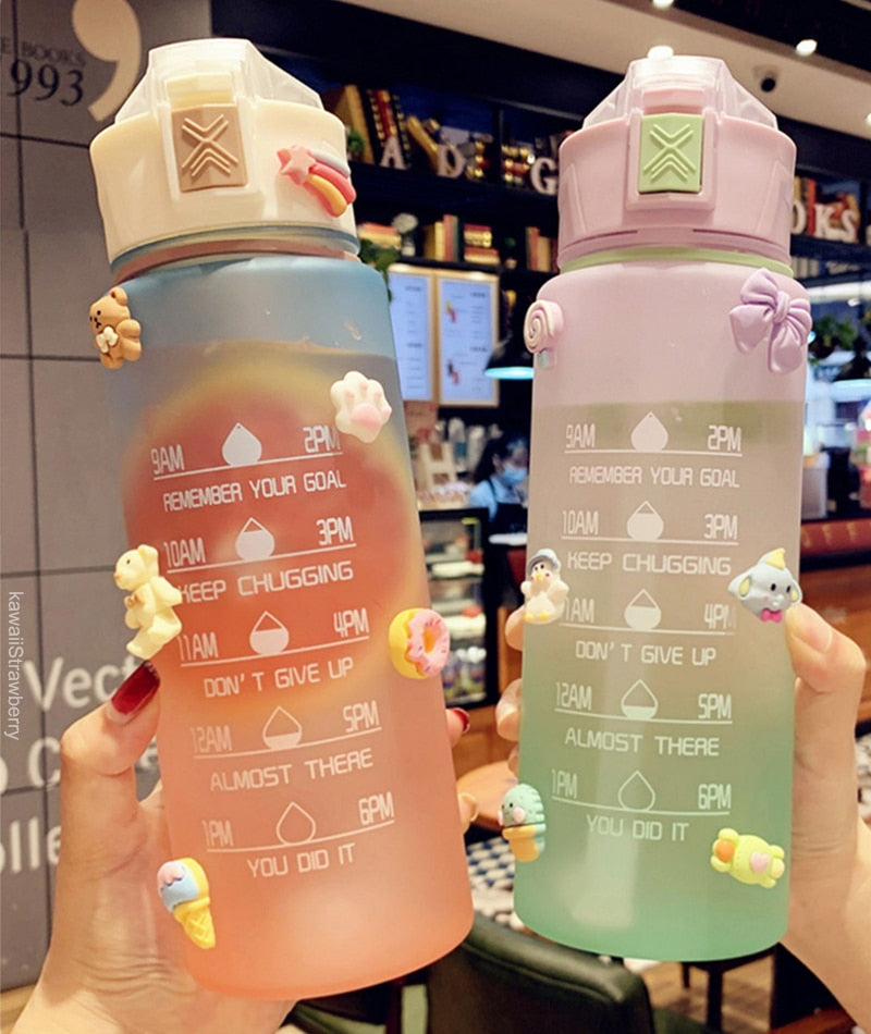 900ml Gradient Frosted Plastic Sports Water Bottle with Time Marker - BPA-Free Leakproof Drink Bottle