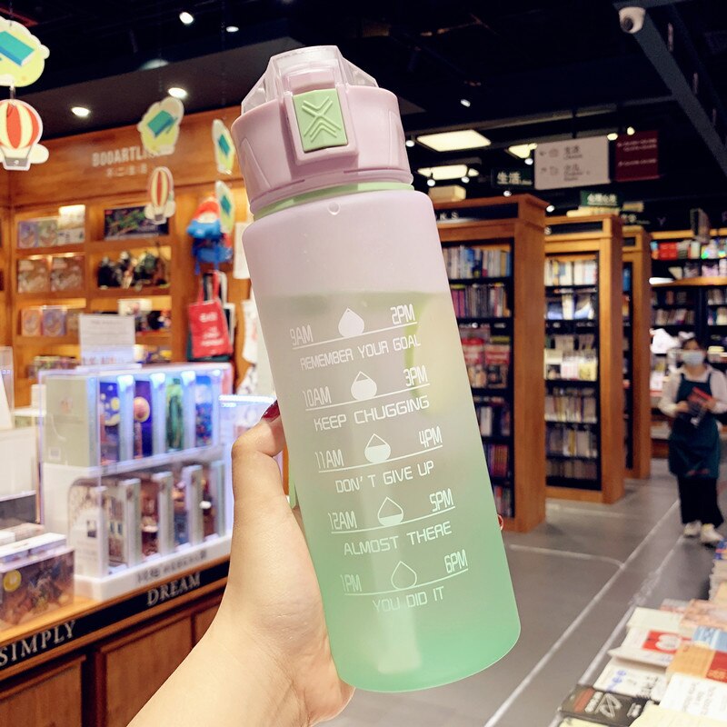 900ml Gradient Frosted Plastic Sports Water Bottle with Time Marker - BPA-Free Leakproof Drink Bottle
