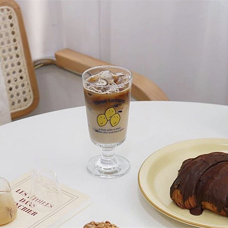 Hand-Painted Lemon Pattern Glass Goblet - 300ml Cute Yellow Fruit Print Wine & Champagne Cup