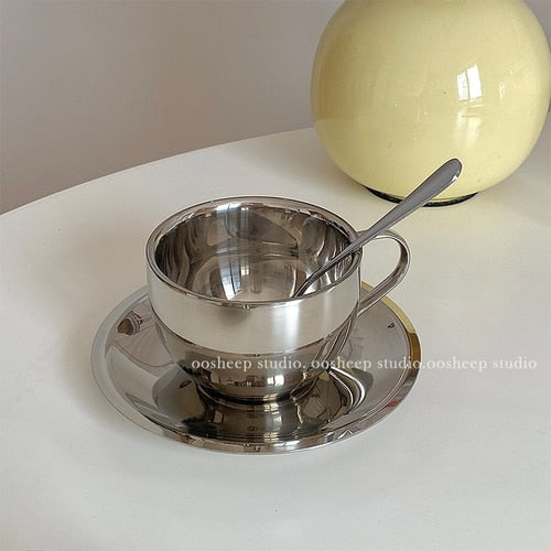 Retro Stainless Steel Coffee Cup and Saucer Set - 200ml Double-Walled Insulated Espresso Mug