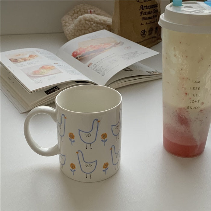 Retro Duck Print Ceramic Coffee Mug - 350ml Cream Blue Milk & Breakfast Cup for Couples