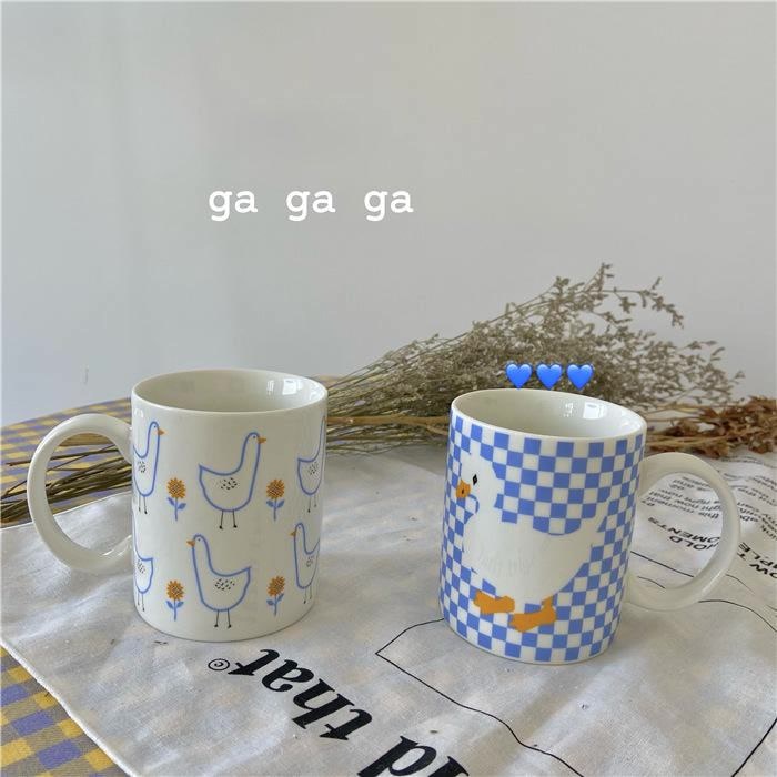 Retro Duck Print Ceramic Coffee Mug - 350ml Cream Blue Milk & Breakfast Cup for Couples
