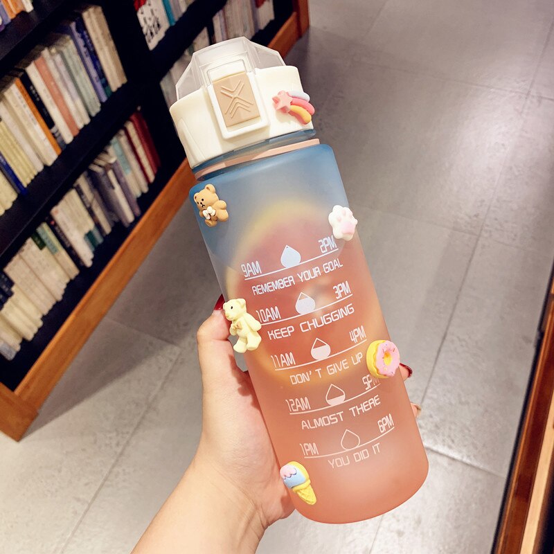900ml Gradient Frosted Plastic Sports Water Bottle with Time Marker - BPA-Free Leakproof Drink Bottle
