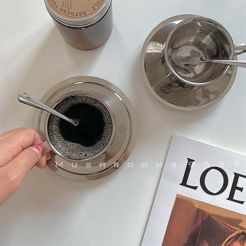 Retro Stainless Steel Coffee Cup and Saucer Set - 200ml Double-Walled Insulated Espresso Mug